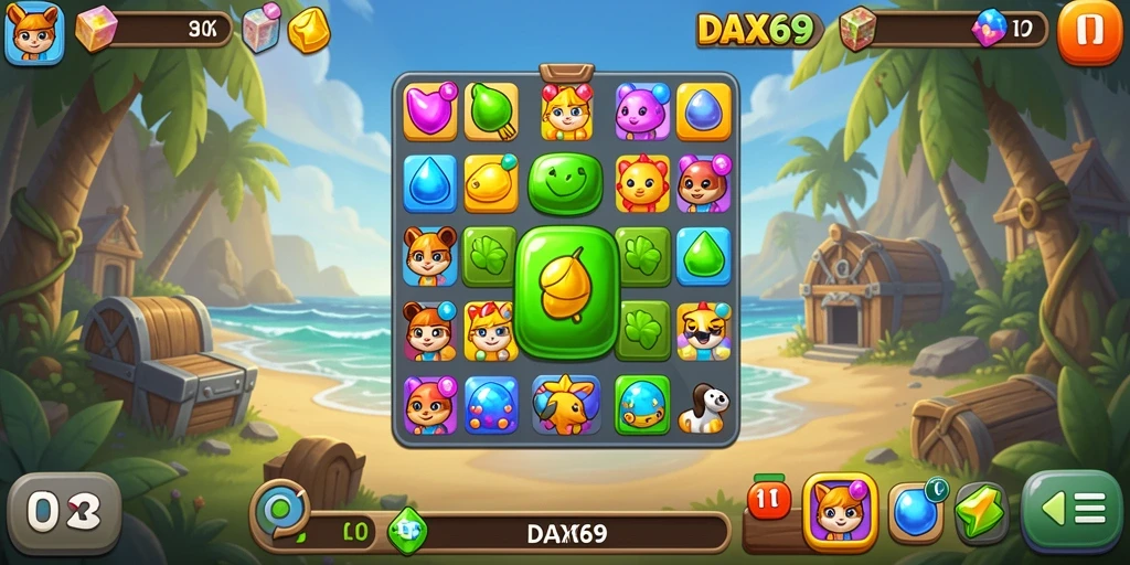 Tangkapan layar DAX69 menampilkan aksi gameplay Match-3 yang mengasyikkan.