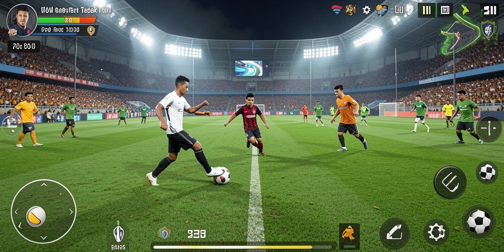 Tampilan gameplay T6 dengan aksi sepak bola yang seru.