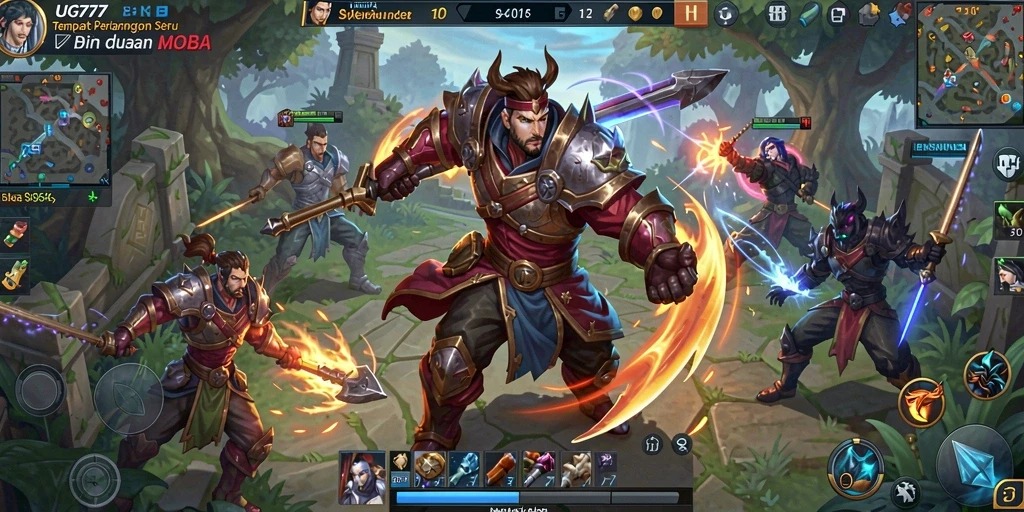 Screenshot utama UG777 menampilkan aksi seru dalam pertempuran MOBA.